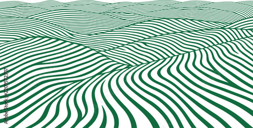 Green striped rolling hills farm field landscape. Abstract plowed furrow lines pattern in perspective. Agricultural countryside vector illustration on white background.