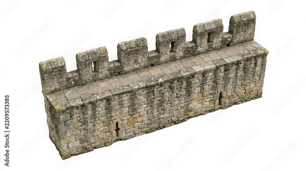 Obraz premium Stone medieval castle wall with battlements and arrow slits isolated on transparent background