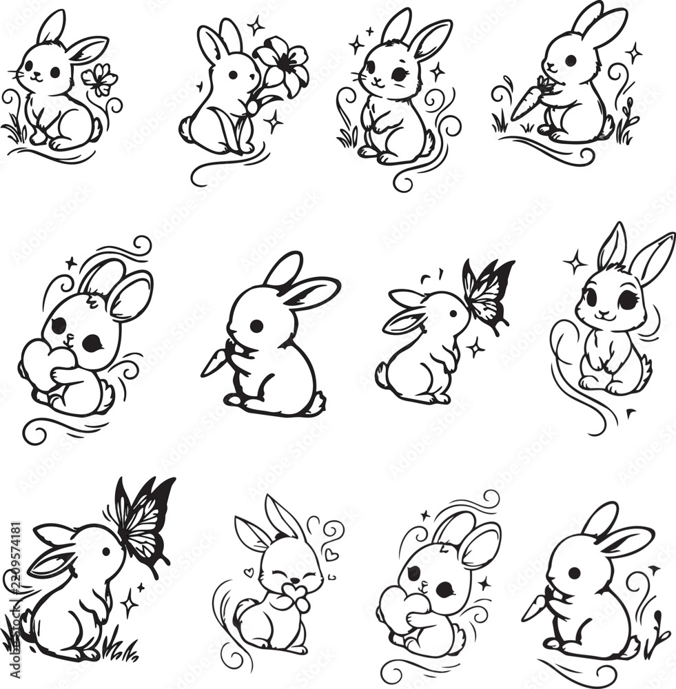 Obraz premium Premium Cute Bunny Rabbit Floral Line Art Vector Set – Editable Illustrations for Coloring Books, Art Books, Stickers, Crafts and Creative Projects