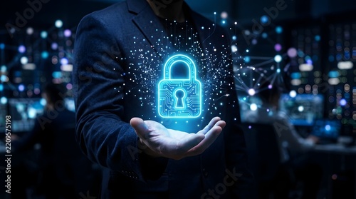 Cybersecurity Professional Holding Glowing Digital Lock with Network Background