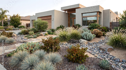 Modern luxury suburban house california featuring drought tolerant landscaping and beautiful desert plants