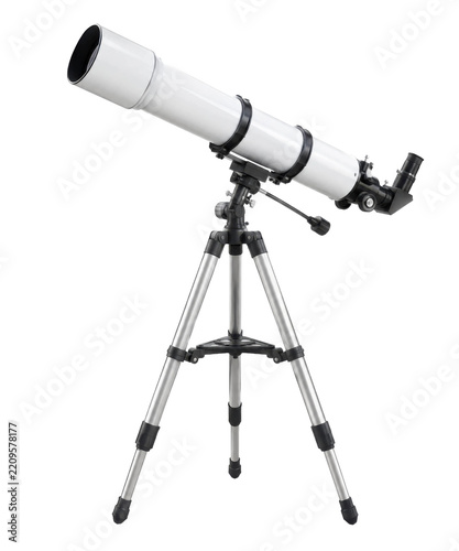 Obraz na plátně White astronomical reflector telescope with a black eyepiece and silver tripod s