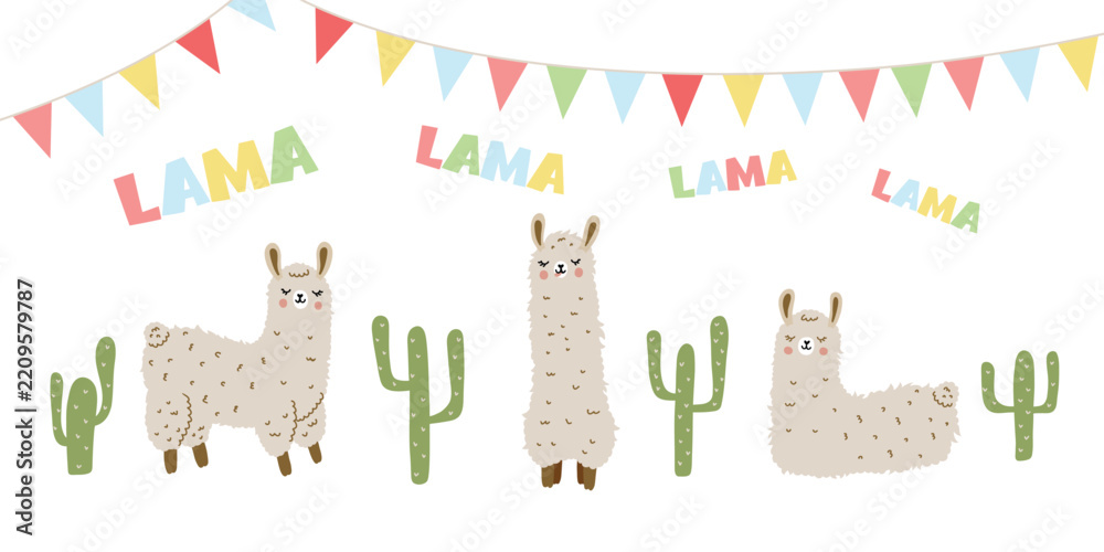 Fototapeta premium Cute fluffy lama or alpaca with green cactuses