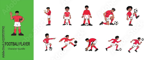 A collection of vector illustrations depicts a football player in various action poses against a white background