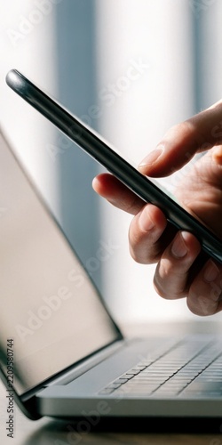 Technology working on the go concept. Person holding a smartphone near a laptop, symbolizing digital communication and multitasking in a work environment.