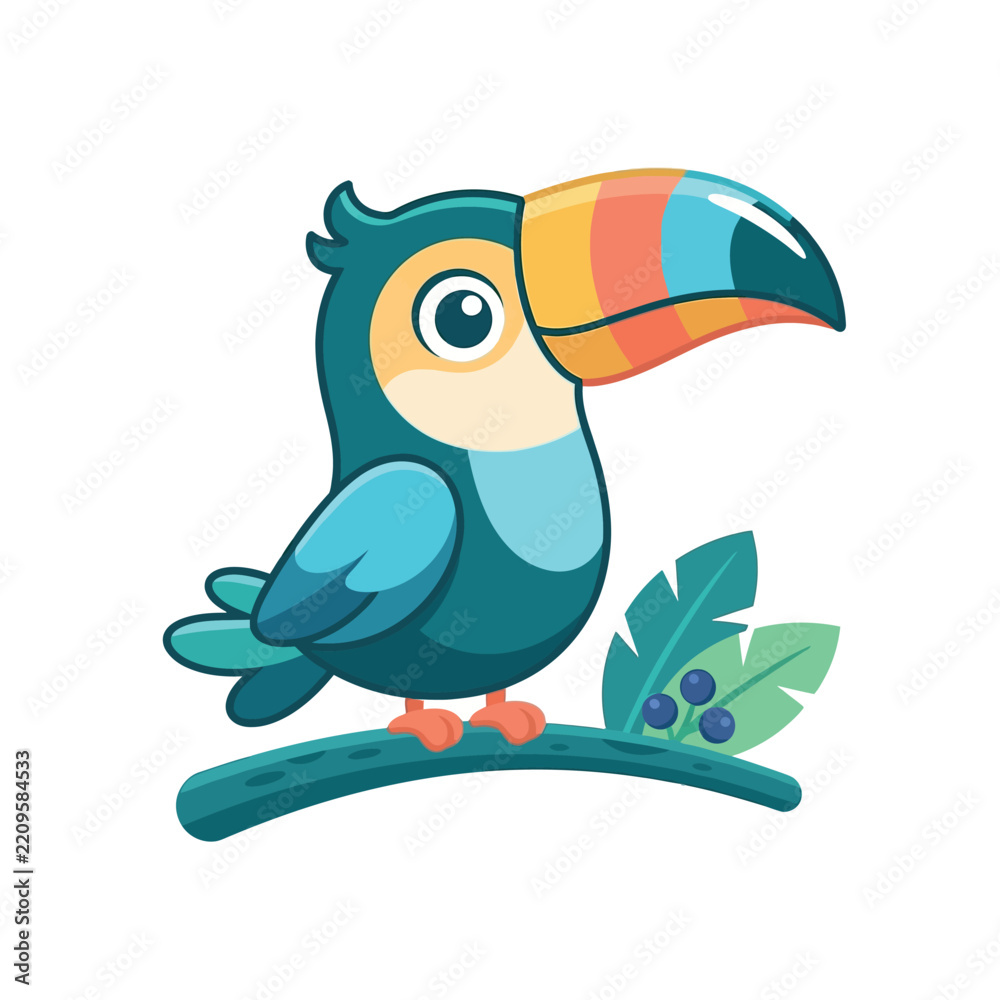 Obraz premium Cute blue toucan bird vector illustration sitting on a branch with tropical leaves and berries isolated on white background.