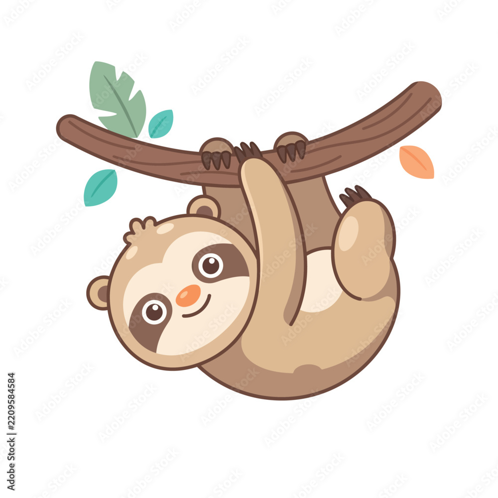 Obraz premium Cute cartoon sloth animal character hanging from a branch vector illustration for kids graphic design.