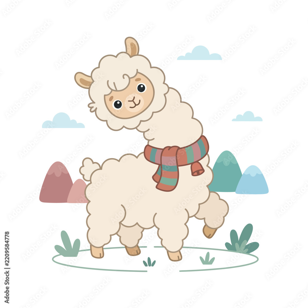 Obraz premium Cute funny alpaca llama character wearing a cozy striped scarf vector illustration in nature.
