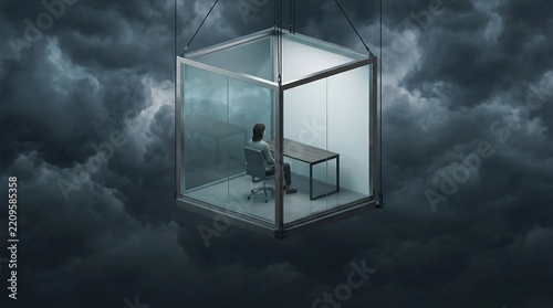 Woman sitting isolated inside suspended glass cube office surrounded by dark storm clouds, concept of depression, burnout, anxiety, and psychological entrapment.