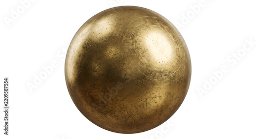 Polished aged brass metal sphere with scratch texture for abstract background or industrial design.