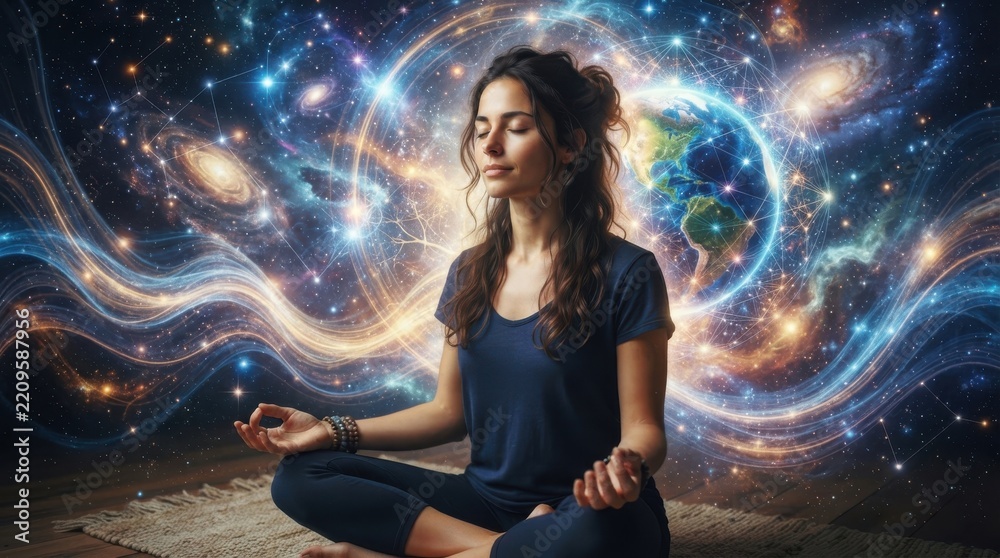 Fototapeta premium Woman meditating in lotus pose amidst a cosmic background with glowing stars and earth