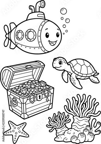Submarine exploring coral reef and treasure coloring page for kids