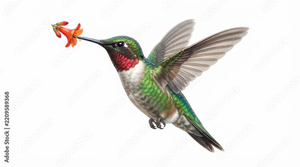 Fototapeta premium Hummingbird hovering and feeding on an orange flower