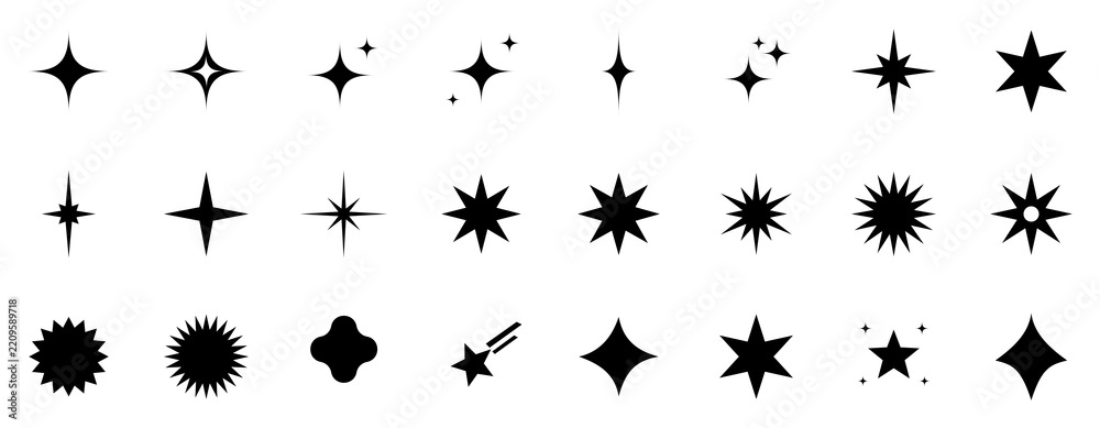 Fototapeta premium Set of various black star icons, sparkle and glitter symbols for design elements isolated on transparent background
