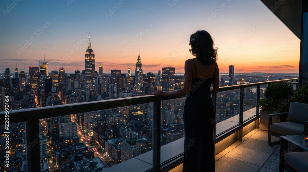 Fototapeta premium Woman in dress looking at city skyline from high-rise balcony at sunset