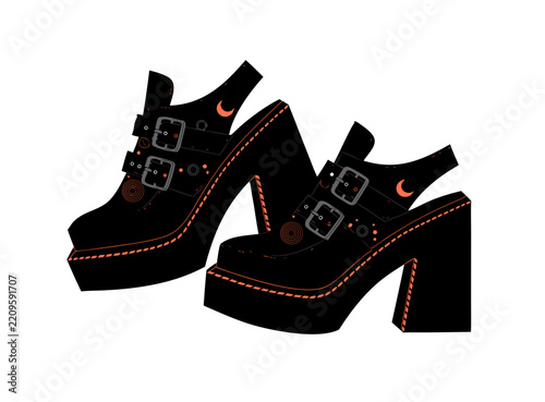 Gothic Black Platform High Heel Shoes with Orange Stitching and Buckles for Halloween Fashion