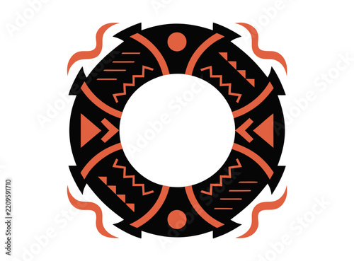 A circular abstract geometric design with tribal-inspired patterns and flame-like embellishments in orange and black