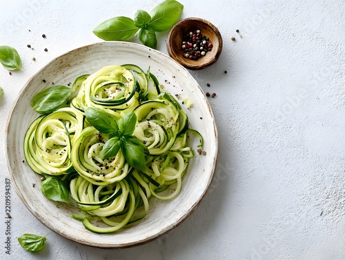 Zucchini noodles with basil and black pepper making a healthy, low-carb pasta alternative on white background