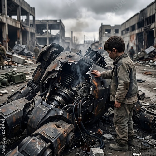 Young boy standing beside massive rusted mechanical wreck in desolate war-torn city street with crumbling buildings and debris.