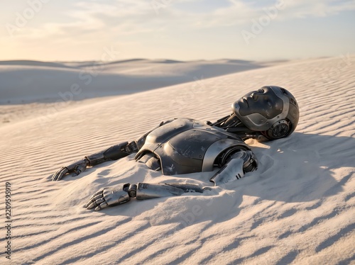 Humanoid robot lying on its back partially buried in sand dunes in a vast desert landscape under a golden hour sky, featuring a metallic silver body with mechanical details.