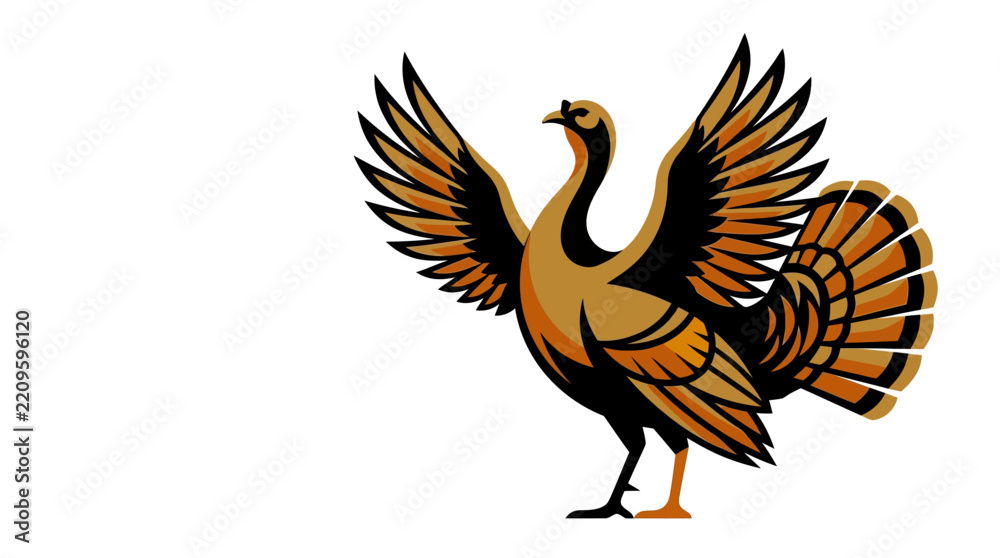 Fototapeta premium Thanksgiving turkey vector illustration with open wings, isolated on white background for holiday design. eps