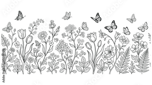 Detailed floral pattern with blooming wildflowers and butterflies.