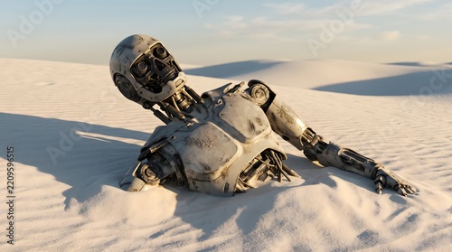 Weathered metallic robot lying partially buried in vast snow-covered landscape with extended arm, rust stains, and mechanical details under pale blue sky.