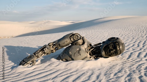 Weathered metallic robot partially buried in snow-covered desert dunes with helmet head and human-like faceplate under pale blue sky.