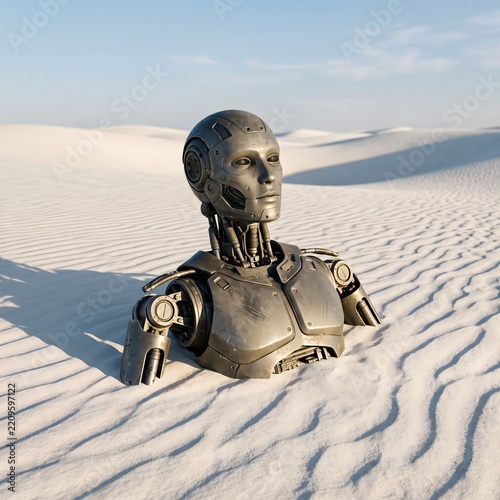 Metallic gray humanoid robot sitting on white sand dunes in a sunlit desert under a clear blue sky.