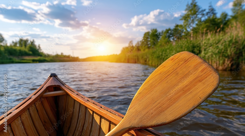 Fototapeta premium Point of view shot from wooden canoe with paddle on river during golden sunset