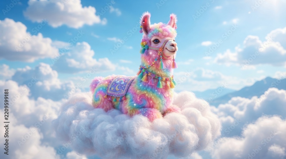 Fototapeta premium Cute colorful rainbow llama sitting on a fluffy cloud in the blue sky