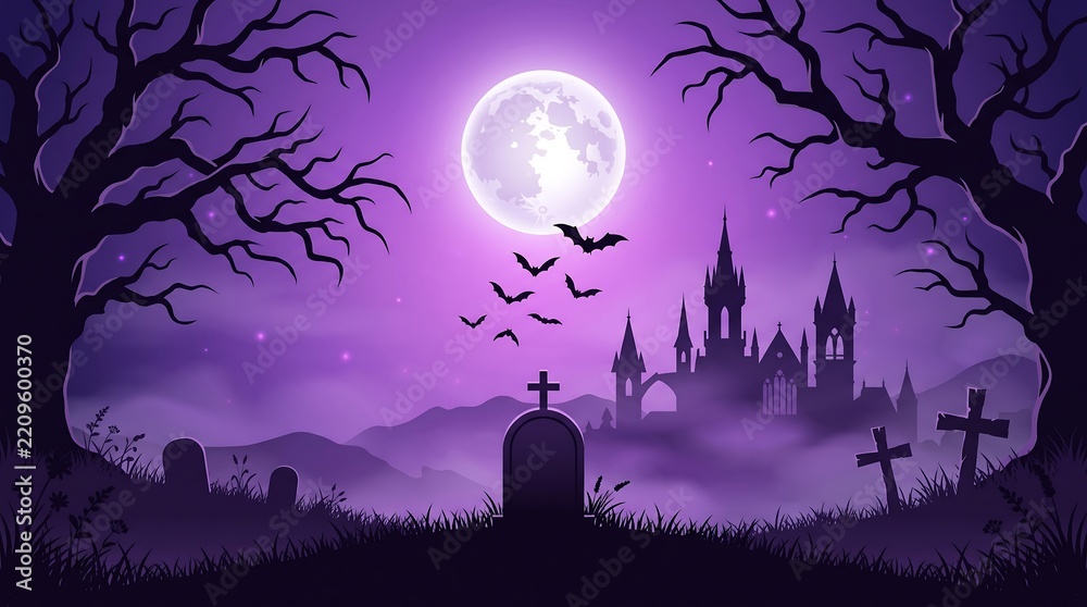 Fototapeta premium Halloween night background with spooky castle graveyard and full moon under purple sky