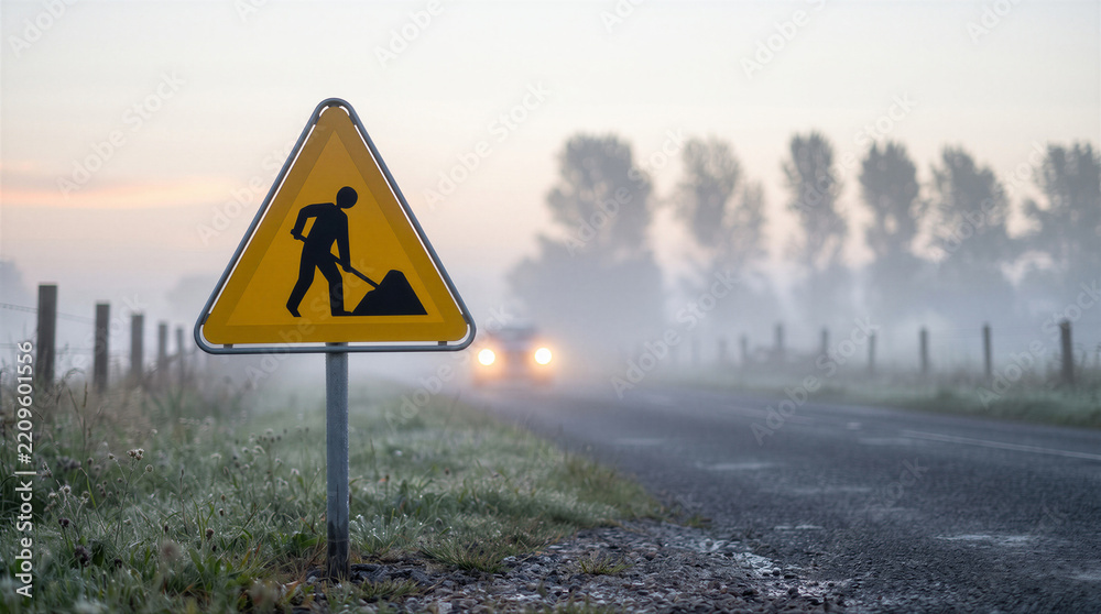 Naklejka premium Road works warning sign on a foggy rural road with a car approaching in the distance