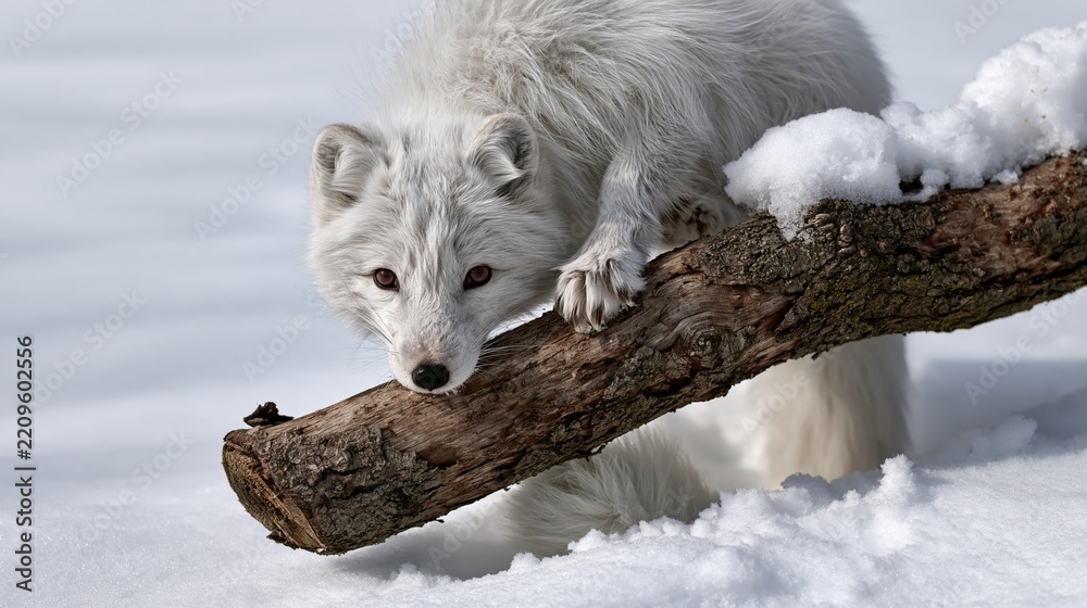 Fototapeta premium Funny arctic fox pouncing into the snow with only its tail visible, humorous winter animal photo