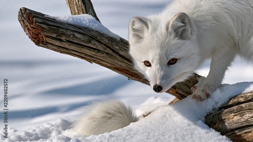 Obraz premium Funny arctic fox pouncing into the snow with only its tail visible, humorous winter animal photo