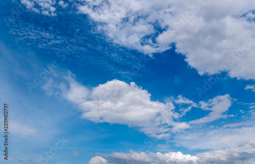 Blue sky with white fluffy cumulus and cirrus clouds