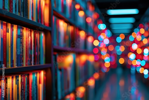 Vibrant photograph of colorful bookshelves in a modern college library, showcasing rich saturated colors and a sense of inspiration and knowledge.