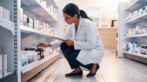 Pharmacist checking medicine inventory on a shelf in a modern pharmacy