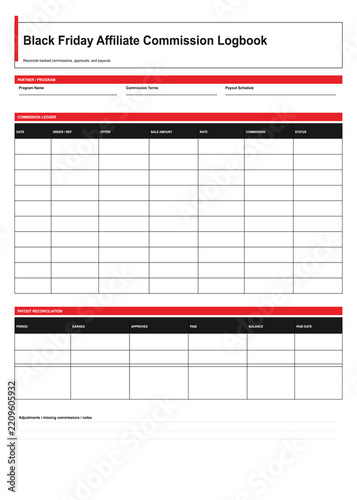 Black Friday Affiliate Commission Logbook Printable Template