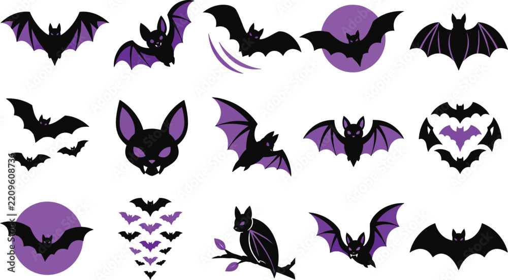 Fototapeta premium Halloween bat icons set with purple and black silhouettes for holiday design