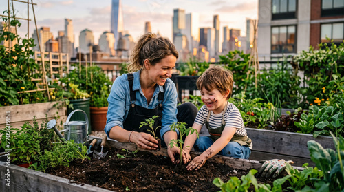 Mother and Child Gardening Together on Rooftop Garden with City Skyline