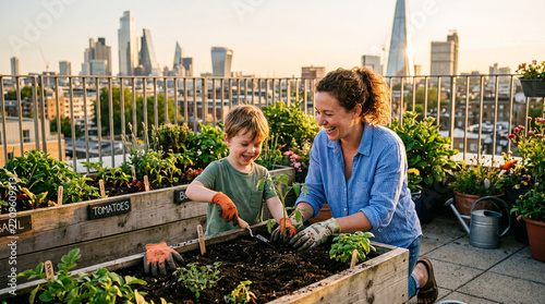 Mother and Child Gardening Together on Rooftop Garden with City Skyline
