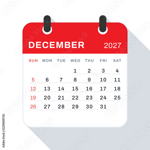 December 2027 Monthly Calendar Page with Long Shadow, Red Header on White Background