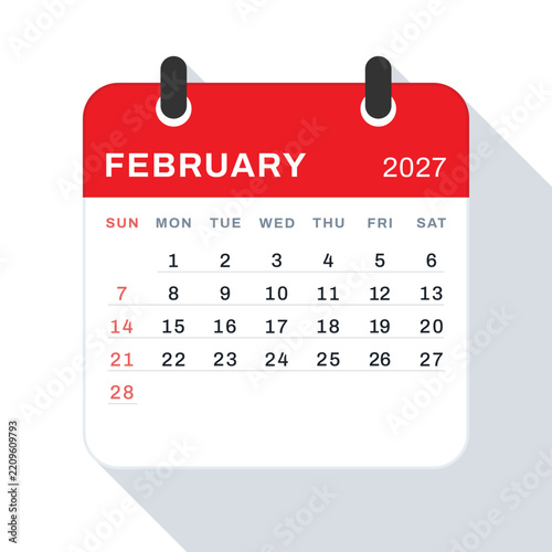 February 2027 Monthly Calendar Page with Long Shadow, Red Header on White Background