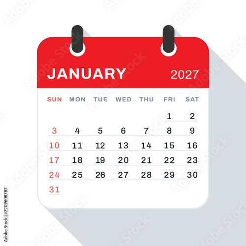 January 2027 Monthly Calendar Page with Long Shadow, Red Header on White Background