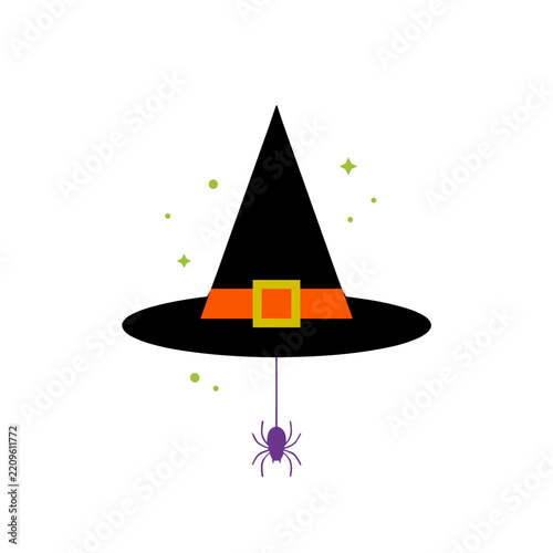 Halloween witch's hat with spider and stars in a minimalist style  