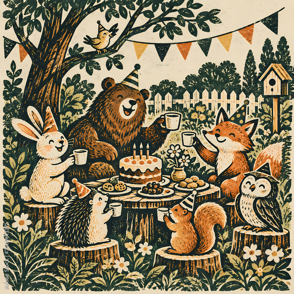Fototapeta premium Cute woodland animals birthday party linocut illustration, retro woodcut forest animals celebrating with cake vector art