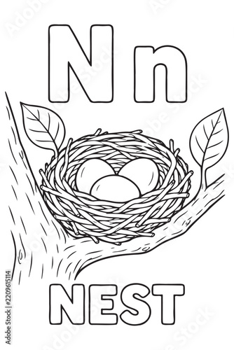 Black and white coloring page worksheet with letter N and nest full of eggs
