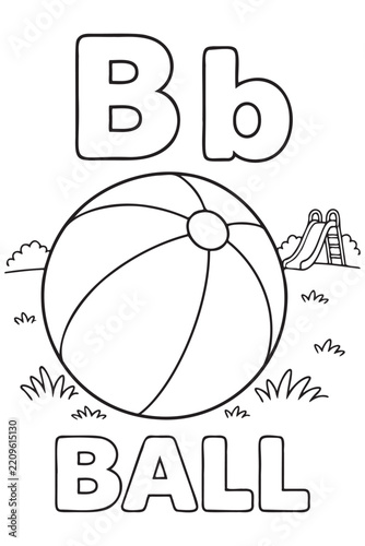 Black and white coloring page worksheet for kids featuring letter B and ball
