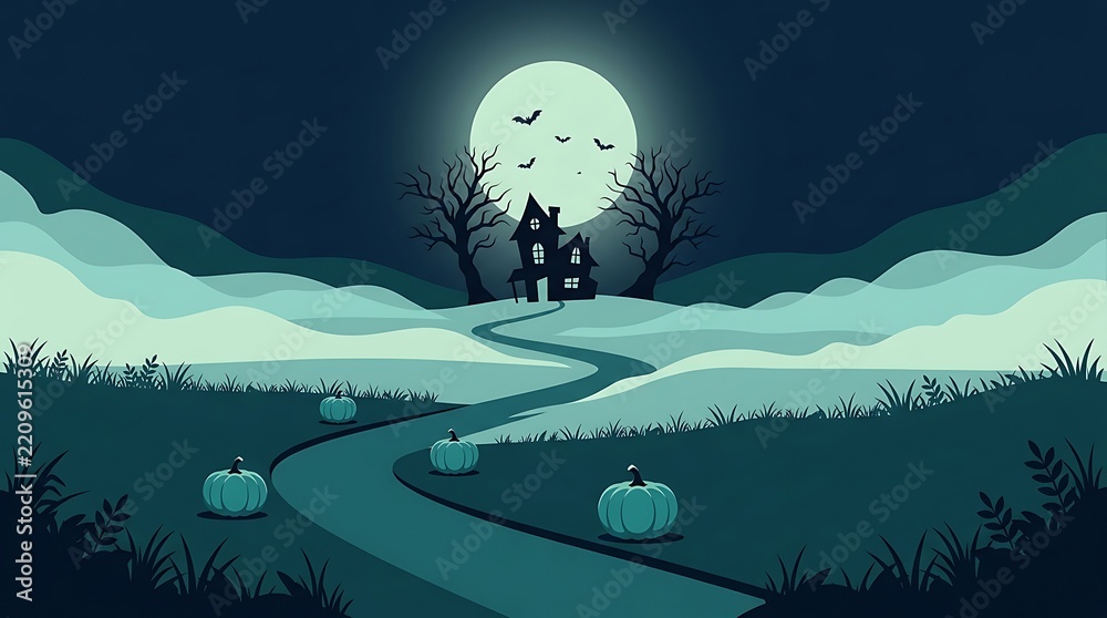 Fototapeta premium Spooky halloween night background with haunted house, full moon, winding path and pumpkins